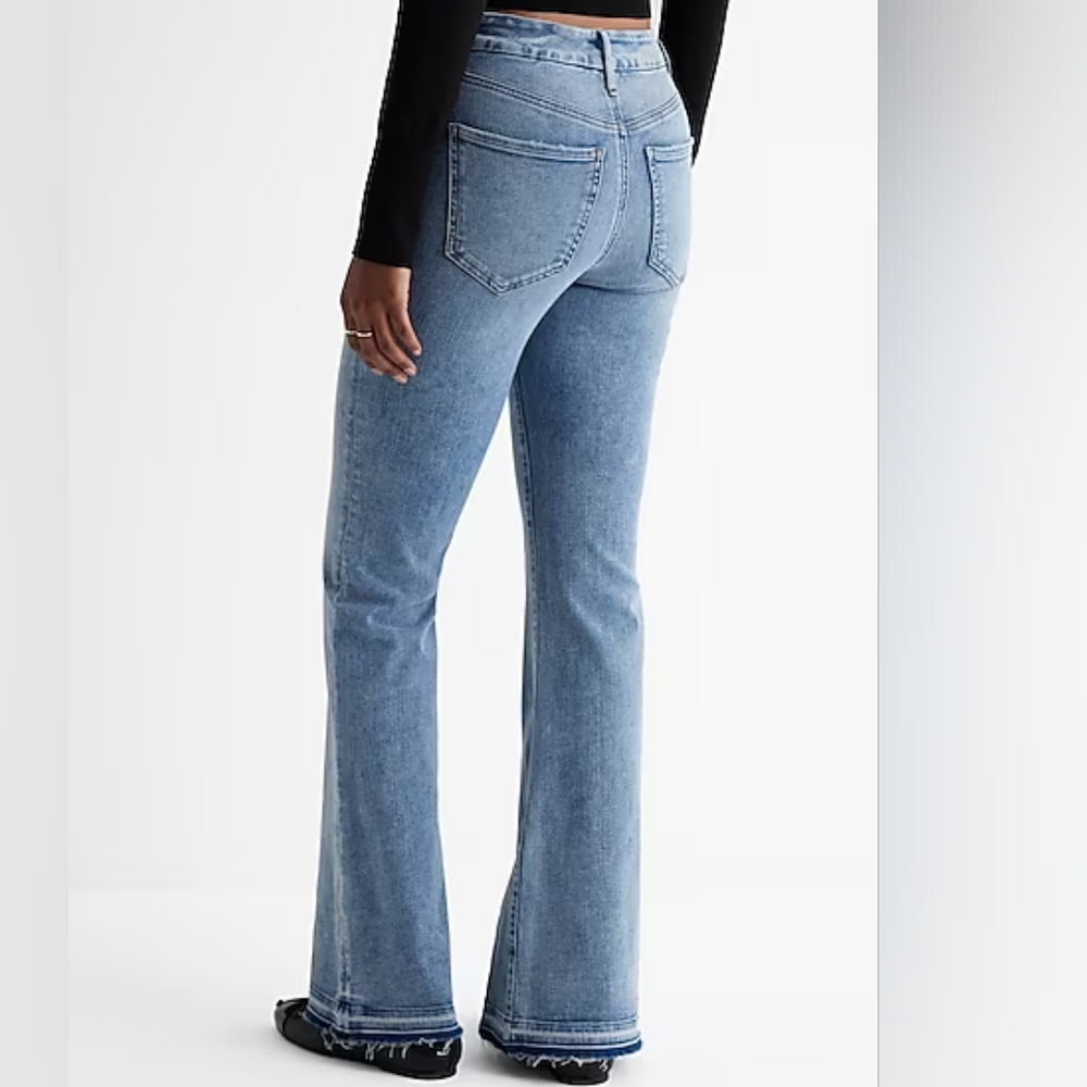 EXPRESS: Mid Rise Light Wash Drop Hem FlexX 70s Flare Jeans - Picture 3 of 9